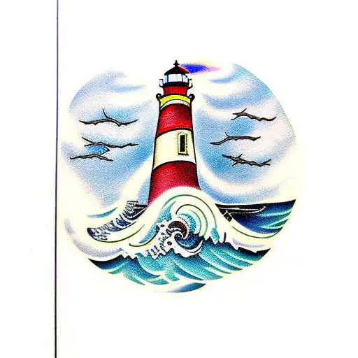 lighthouse on rocks with stormy sea tattoo design idea