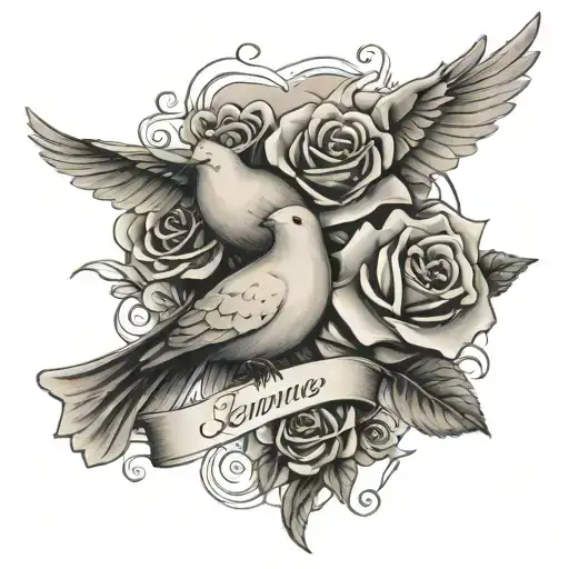 in loving memory with roses doves clouds tattoo design idea