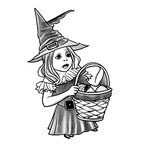 a little girl dressed as a witch holding a basket of candy tattoo design idea