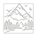 One line, mountains, trees and birds. in a square tattoo design idea