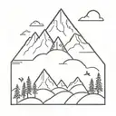One line, mountains, trees and birds. in a square tattoo design idea