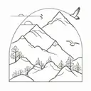One line, mountains, trees and birds. in a square tattoo design idea