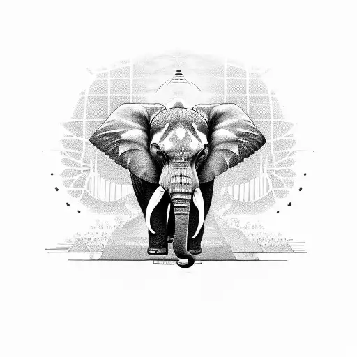 An elephant composed of intricate lines and shapes, with a microphone in its trunk tattoo design idea