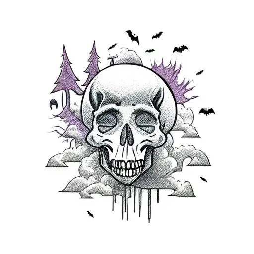A spooky Halloween scene with a lake surrounded by towering skulls and a vampire silhouette tattoo design idea