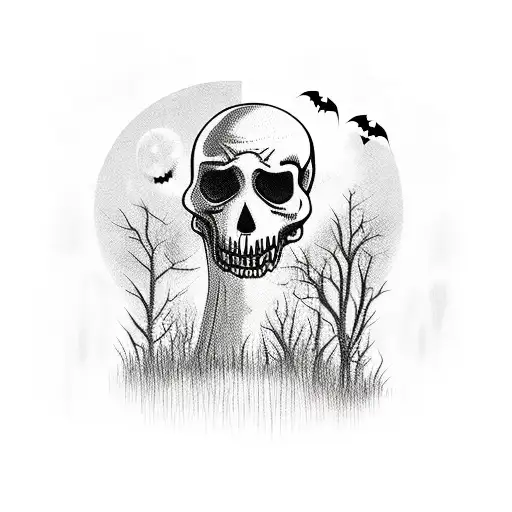 A spooky Halloween scene with a lake surrounded by towering skulls and a vampire silhouette tattoo design idea