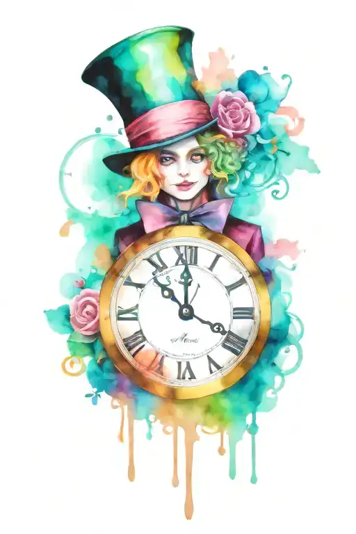 alice in wonderland mad hatter clock face tattoo design idea
