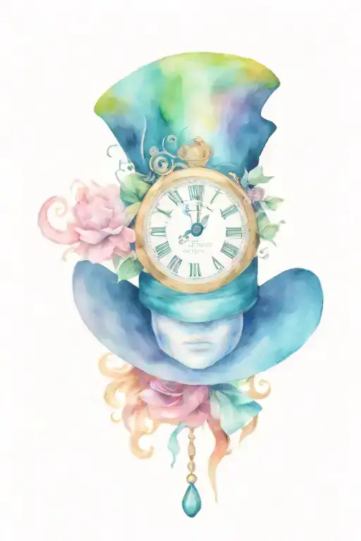 alice in wonderland mad hatter hat clock face profile holding tattoo design idea