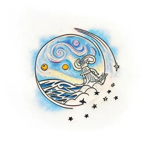 Traditional-style tattoo of a starry night scene inspired by Lili's favorite dish tattoo design idea