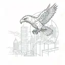 An eagle soaring through a cyberpunk cityscape with neon lights and AI drones flying around tattoo design idea