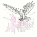 An eagle soaring through a cyberpunk cityscape with neon lights and AI drones flying around tattoo design idea