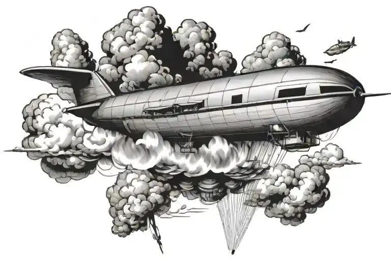 blimp falling through clouds tattoo design idea