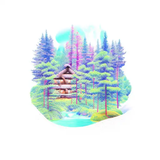 trees forest cabin summer tattoo design idea