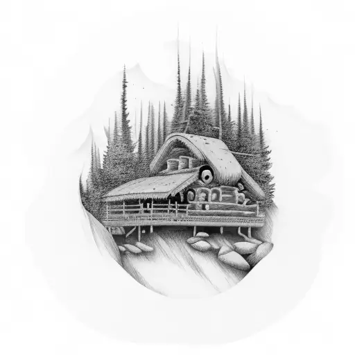 trees forest cabin summer tattoo design idea