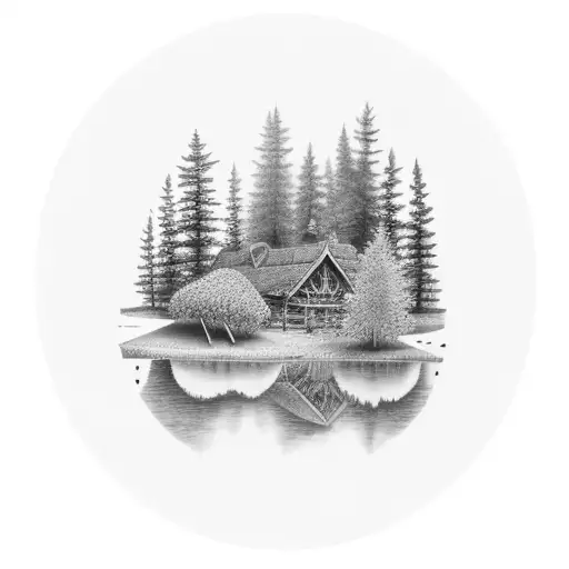 trees forest cabin summer tattoo design idea