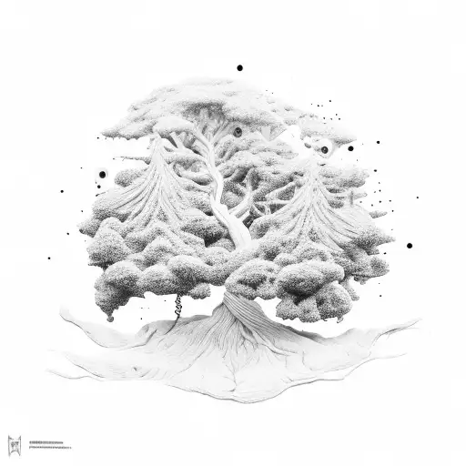 A tree growing out of a 3D printer, with car parts as its branches tattoo design idea