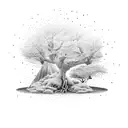 A tree growing out of a 3D printer, with car parts as its branches tattoo design idea