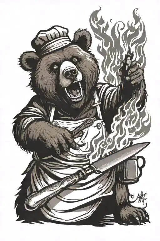Chef Bear Holding flaming Pan And Knife with cigaratte in his mouth  tattoo design idea