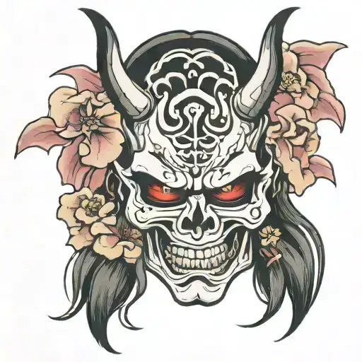 oni mask, skull, Japanese flower tattoo design idea