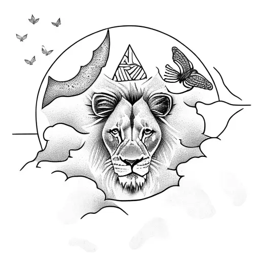 Lion king surrounded by butterflies, with the backdrop behind the ocean with the anchor and the moon tattoo design idea