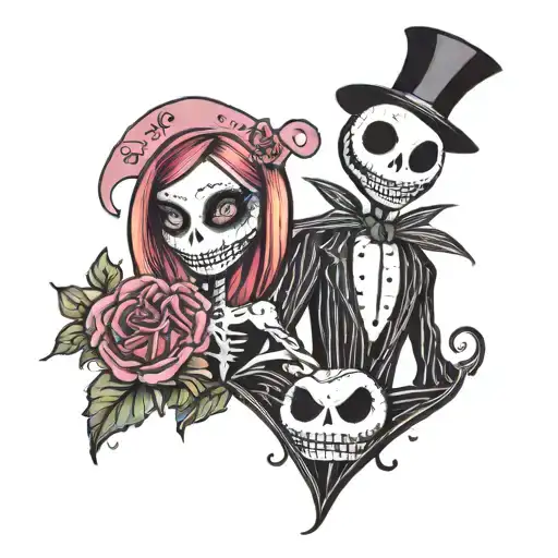 Black and pink jack skellington and sally couples tattoo tattoo design idea
