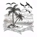 A serene beach scene with palm trees and seagulls, symbolizing paradise and memories of your grandad tattoo design idea