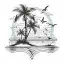 A serene beach scene with palm trees and seagulls, symbolizing paradise and memories of your grandad tattoo design idea