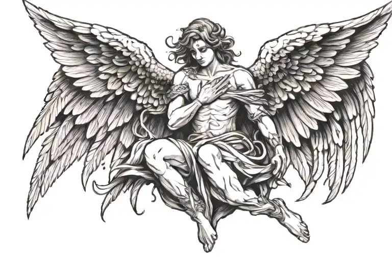 Angel with wings defending from monster emerging tattoo design idea