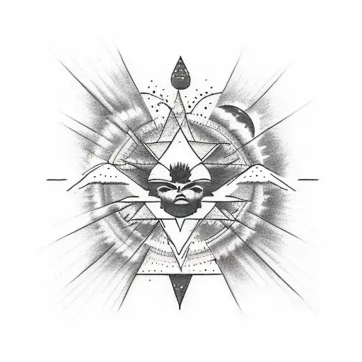 tattoo sketch of a mountain range, 3 suns and a butterfly in a rectangle frame tattoo design idea