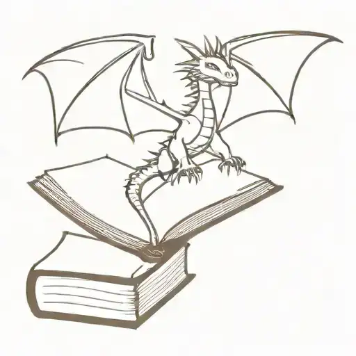 one small dragon, one bigger dragon, flying out of an open book, the open book is on a stack of books, black and white tattoo design idea