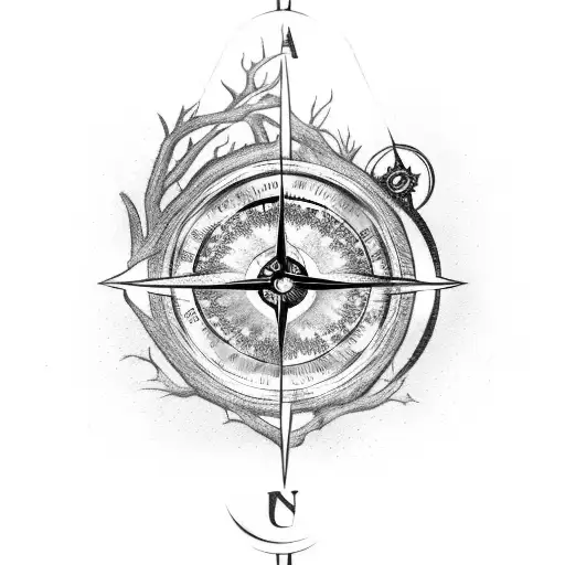 A broken compass embedded in a tree trunk, with demons crawling up the branches and a crescent moon overhead tattoo design idea