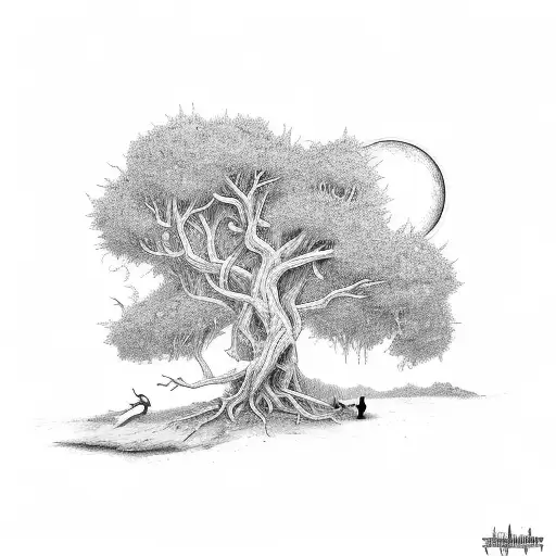 A hermit sitting under a dead tree, gazing at a full moon with demons lurking in the background tattoo design idea