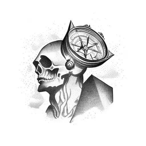 An explorer standing on a cliff, holding a broken compass with demons emerging from the ground tattoo design idea