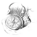 A broken compass embedded in a tree trunk, with demons crawling up the branches and a crescent moon overhead tattoo design idea