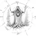 A broken compass embedded in a tree trunk, with demons crawling up the branches and a crescent moon overhead tattoo design idea