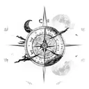 A broken compass embedded in a tree trunk, with demons crawling up the branches and a crescent moon overhead tattoo design idea