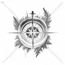 A broken compass surrounded by a wreath of dead trees and a crescent moon tattoo design idea