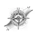 A broken compass surrounded by a wreath of dead trees and a crescent moon tattoo design idea