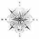 A broken compass surrounded by a wreath of dead trees and a crescent moon tattoo design idea