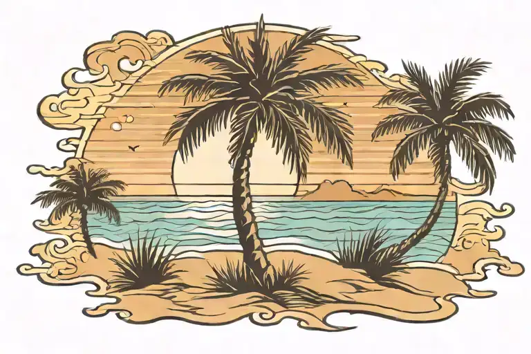 beach sunrise with one palmetto tree tattoo design idea