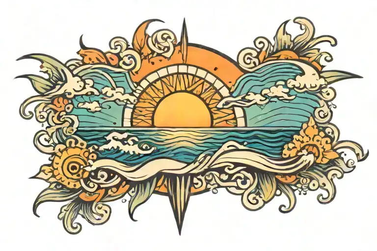 ocean beach sunrise with sunrays radiating outwards tattoo design idea