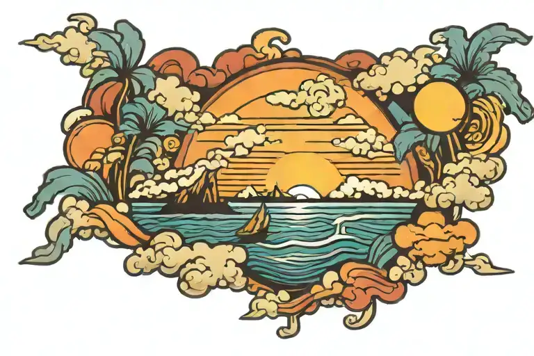 beach sunrise with clouds tattoo design idea