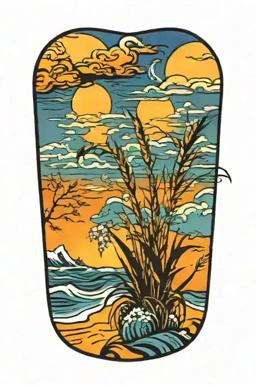 ocean sunrise with sea oats tattoo design idea