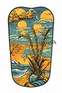 ocean sunrise with sea oats tattoo design idea