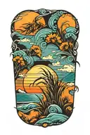 ocean sunrise with sea oats tattoo design idea