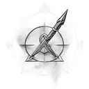An intricately designed arrow with a heart fletching, the deathly hallows logo on the shaft and the delta symbol as tip tattoo design idea