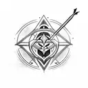An intricately designed arrow with a heart fletching, the deathly hallows logo on the shaft and the delta symbol as tip tattoo design idea