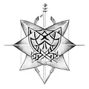 An intricately designed arrow with a heart fletching, the deathly hallows logo on the shaft and the delta symbol as tip tattoo design idea