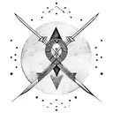 An intricately designed arrow with a heart fletching, the deathly hallows logo on the shaft and the delta symbol as tip tattoo design idea