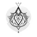 An intricately designed arrow with a heart fletching, the deathly hallows logo on the shaft and the delta symbol as tip tattoo design idea