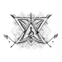 An intricately designed arrow with a heart fletching, the deathly hallows logo on the shaft and the delta symbol as tip tattoo design idea